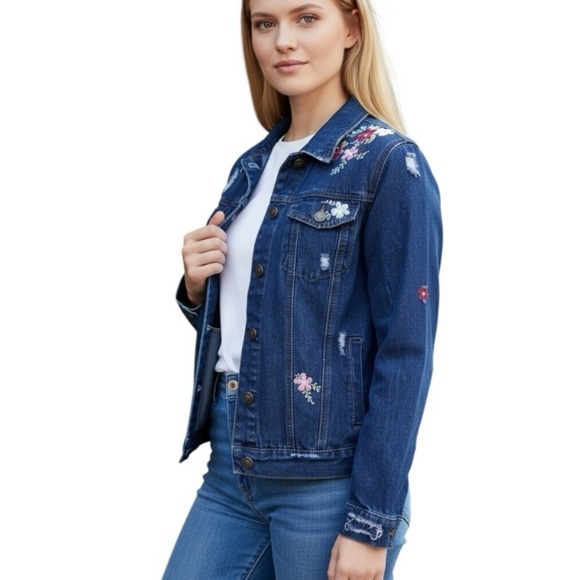 Wax Jean Jackets & Blazers - Wax Jeans Small Dark Denim Jacket Embroidered Flowers Distressed 100% Cotton